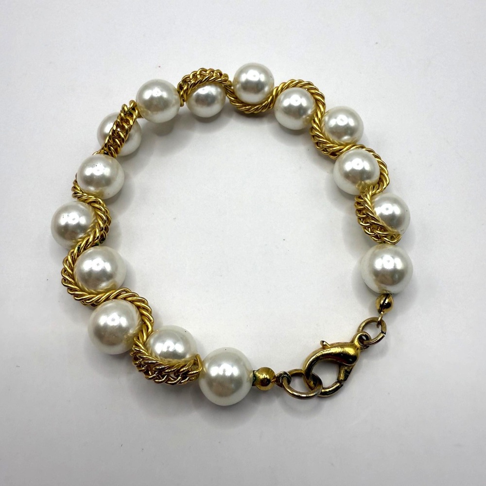 Vintage Gold Tone Faux‎ Pearl Bracelet with Twisted Rope Links